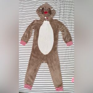 North Pole Toddler Reindeer Hooded Fleece Christmas Pajamas; Size 4T; One Piece